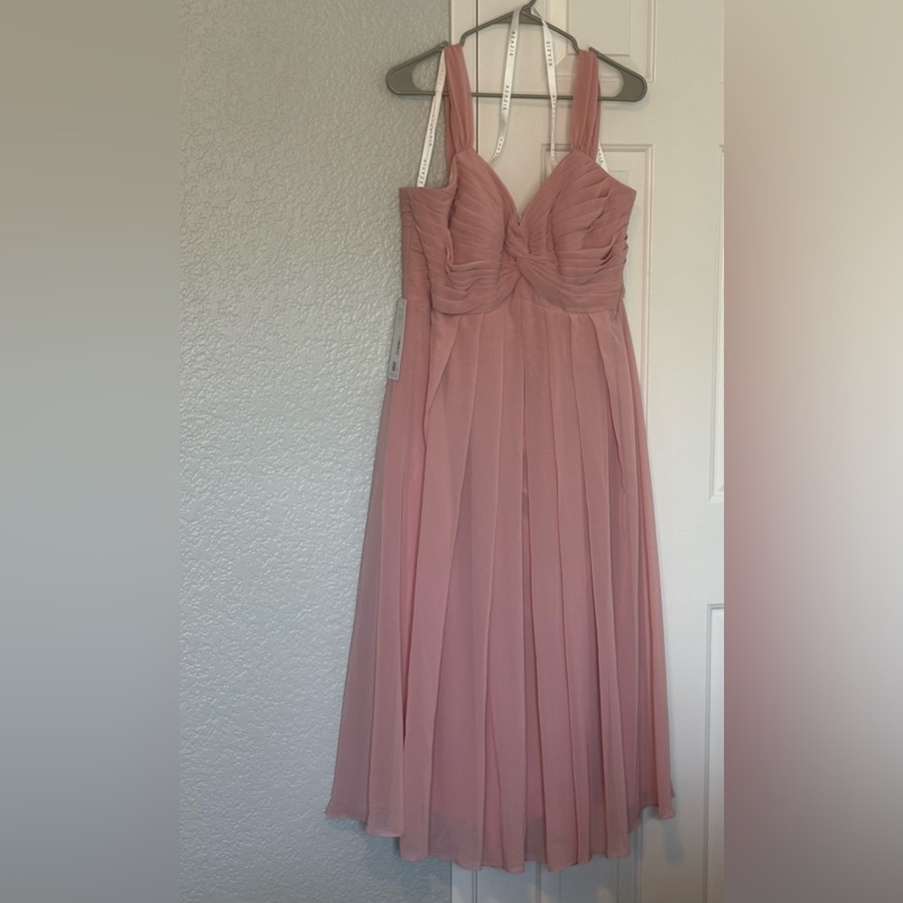 Azazie Vicenta tea length dress in rosette color. New with tags. Size 16.